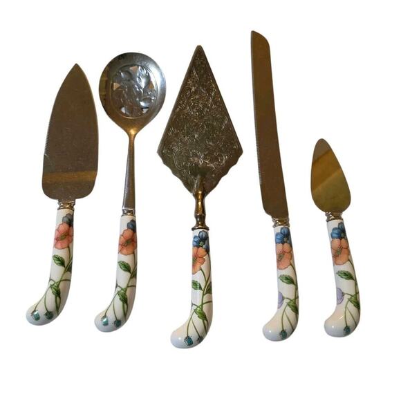 Prill Sheffield England Lot Of 5 Serving Utensils Floral Ceramic Handles - Picture 1 of 3